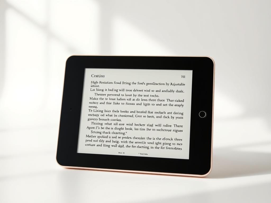 A sleek, modern e-reader interface showcasing its key features in a well-lit, minimalist setting. In the foreground, a high-resolution display presents crisp, readable text with adjustable font sizes and styles. The middle ground features intuitive touch controls, allowing seamless navigation through digital books and magazines. In the background, a clean, uncluttered layout emphasizes the device's streamlined design, complemented by subtle ambient lighting that creates a comfortable, distraction-free reading experience. The overall composition conveys a sense of sophistication, efficiency, and user-friendliness, perfectly capturing the essence of a great e-reader.