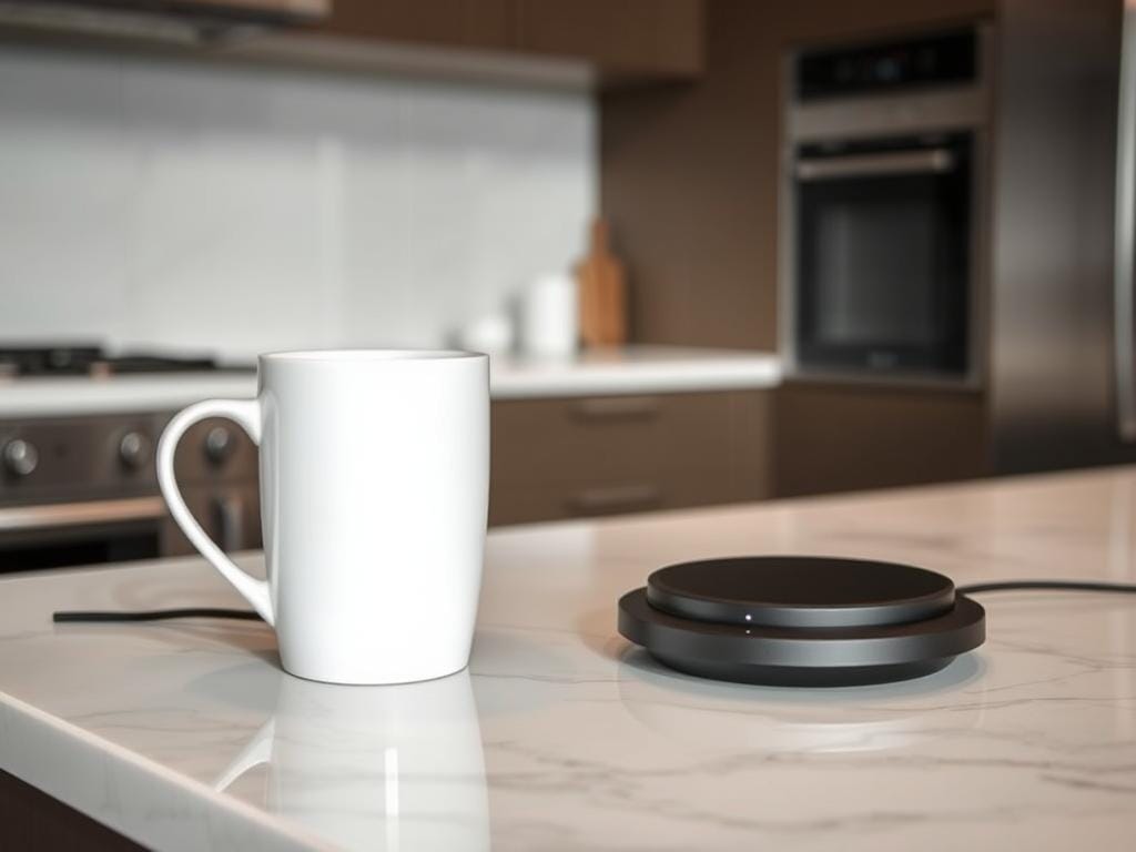A sleek, modern kitchen setting with a self-heating mug and a traditional warming pad placed side by side on a polished marble countertop. The self-heating mug has a clean, minimalist design with a subtle LED indicator, while the warming pad has a more utilitarian appearance. Soft, even lighting illuminates the scene, highlighting the subtle textures and materials of the objects. The background is slightly blurred, keeping the focus on the two coffee accessories and the visual contrast between them. The overall mood is one of understated elegance and functionality, inviting the viewer to compare the features and benefits of each solution for keeping their brew at the perfect temperature.