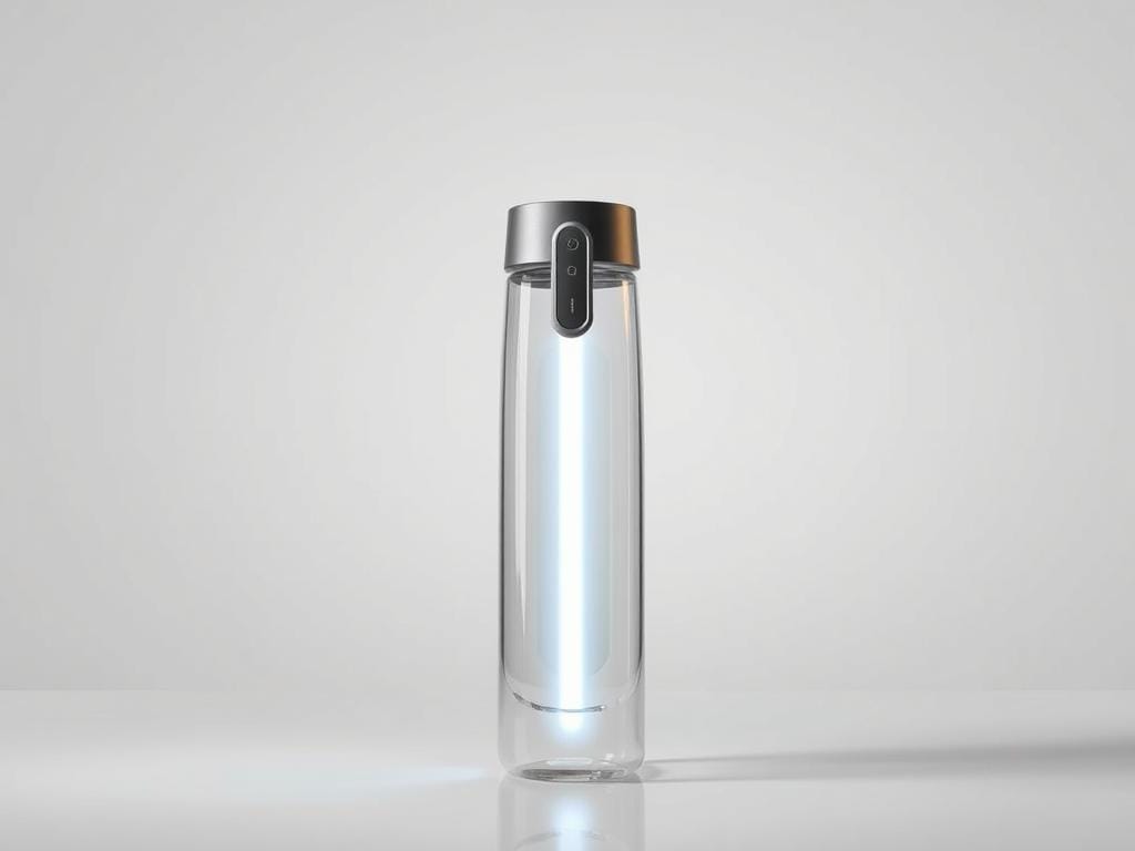 A sleek, modern self-cleaning water bottle with a translucent body, illuminated by soft, natural lighting. The bottle features a prominent UV-C light integrated into the lid, casting a gentle glow. The middle ground showcases the intuitive one-touch activation mechanism, allowing the user to easily initiate the self-cleaning cycle. In the background, a minimalist, white studio setting highlights the bottle's clean, contemporary design. The overall atmosphere conveys a sense of innovative functionality and effortless hygiene, perfect for the discerning user seeking a smart, hassle-free hydration solution.
