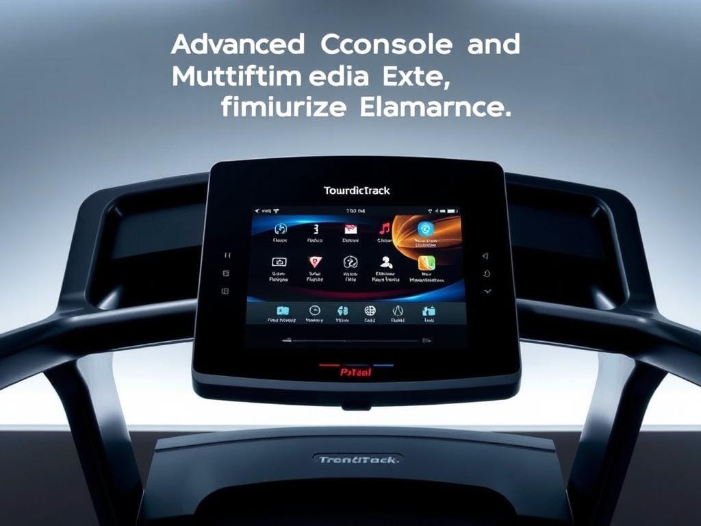 A sleek, modern touchscreen console set against a minimalist, high-tech backdrop. The console features a large, vibrant display with intuitive touch controls, seamlessly integrated into a streamlined, brushed-metal frame. Soft, diffused lighting emanates from behind, creating a sense of depth and sophistication. The console is positioned at a slight angle, highlighting its elegant design and easy accessibility. The overall atmosphere is one of advanced technology, precision, and a premium user experience, perfectly complementing the "Advanced Console and Multimedia Experience" of the NordicTrack X24 Treadmill.