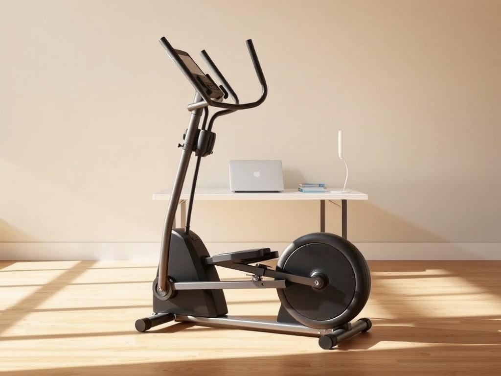 A sleek, portable elliptical machine set against a modern, minimalist background. The LifePro Flexstride Plus stands prominently in the foreground, its sturdy frame and high-quality components clearly visible under warm, natural lighting. The machine's compact design and discreet footprint are emphasized, hinting at its suitability for use under a desk or in a small home gym. The mid-ground features a clean, uncluttered workspace, with a laptop or tablet positioned nearby, suggesting the machine's integration into a productive, fitness-focused environment. The background is a simple, neutral-toned wall, allowing the elliptical's form and functionality to take center stage. Overall, the image conveys the LifePro Flexstride Plus's combination of portability, power, and seamless integration into a modern, active lifestyle.