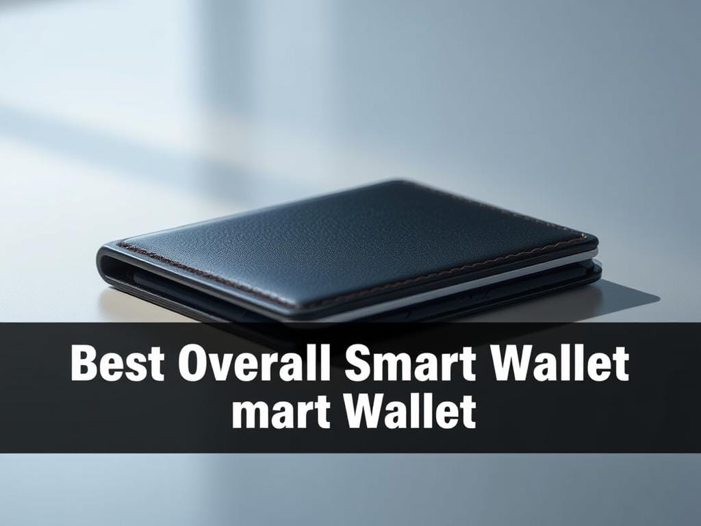 A sleek, premium smart wallet resting on a clean, minimalist surface, illuminated by soft, directional lighting. The wallet is displayed at a slight angle, showcasing its elegant design and high-quality materials, such as premium leather or carbon fiber. In the middle ground, the wallet's features are clearly visible, including RFID-blocking technology, wireless charging capability, and discreet card slots. The background is subtly blurred, creating a sense of focus on the wallet as the central subject. The overall mood is one of sophistication, functionality, and technological advancement, befitting the "best overall smart wallet" for the article's audience.