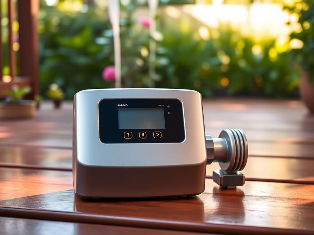 A sleek, silver hose bib irrigation controller sits atop a polished wood deck, illuminated by warm, natural lighting. The device's modern, minimalist design features a crisp digital display and intuitive touch controls, inviting the user to effortlessly manage their home's watering schedule. In the background, a lush, verdant garden flourishes, its vibrant colors and textures hinting at the controller's ability to precisely regulate water flow and duration, ensuring efficient and targeted irrigation. The scene conveys a sense of technological integration with nature, highlighting the controller's role in maintaining a thriving, sustainable home landscape.