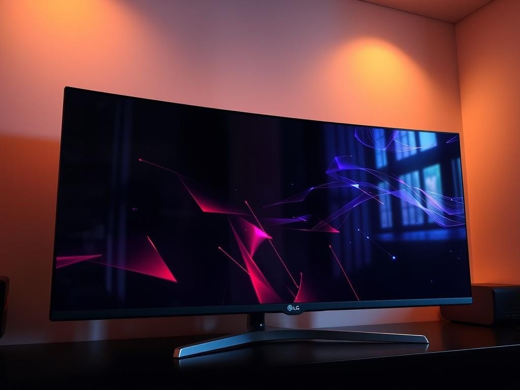 A sleek, ultrawide LG Ultragear OLED gaming display dominates the frame, its curved 21:9 panel gleaming under soft, directional lighting. The display's edges fade into the shadows, emphasizing its immersive, cinematic proportions. Reflections from the glossy screen create a sense of depth, while the matte black bezel recedes, allowing the vibrant, HDR-capable OLED panel to take center stage. The display's elegant, minimalist design blends seamlessly into the background, which is shrouded in a warm, atmospheric ambiance, hinting at the unparalleled gaming experience it offers.