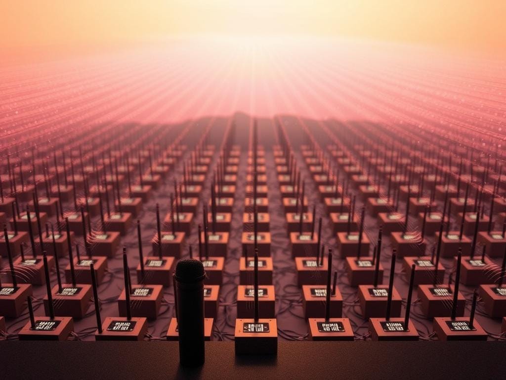 A sprawling network of wireless audio transmitters, each emitting a cascade of sound waves that converge in the distance. The scene is bathed in a warm, ethereal glow, with a subtle shimmer to the air, conveying the sense of invisible signals being carried through the ether. In the foreground, a sleek lavalier microphone stands ready, its wireless connection symbolizing the seamless integration of voice and technology. The middle ground features a matrix of interconnected transmitters, each pulsing with an elegant, minimalist design. The background fades into a hazy, dreamlike landscape, hinting at the limitless potential of long-range audio transmission.