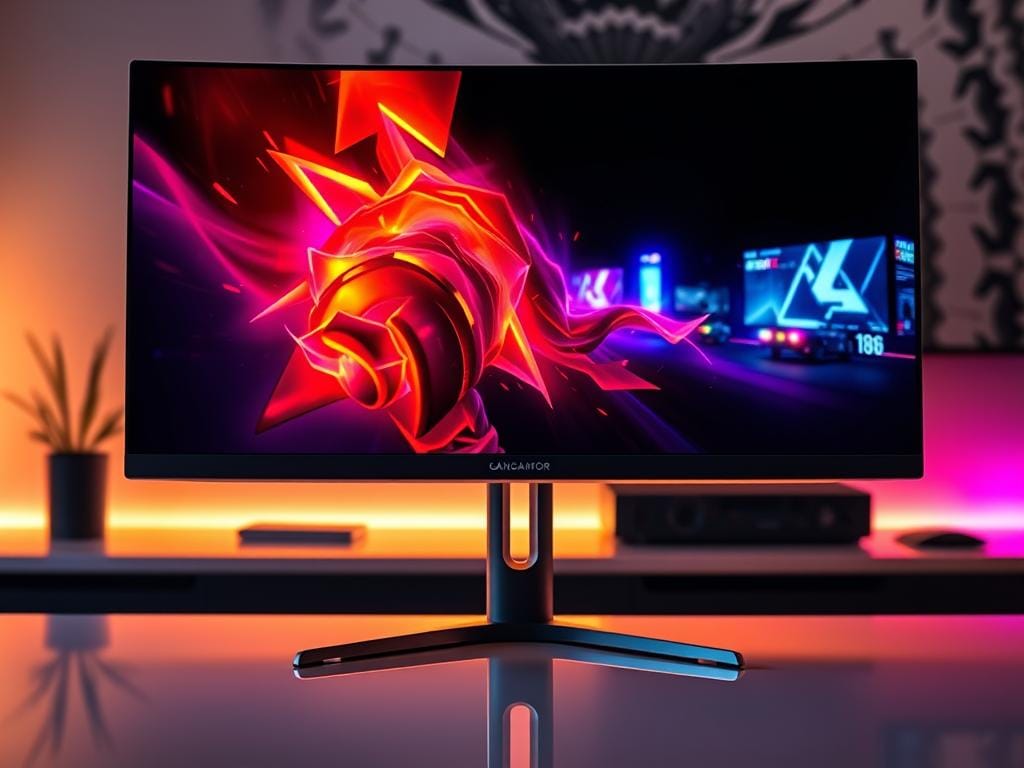 A state-of-the-art OLED gaming monitor, its screen bathed in vibrant, lifelike colors and rich, deep blacks. The display is mounted on a sleek, minimalist stand, casting a warm glow across the desk. Crisp, detailed graphics and smooth, responsive gameplay immerse the viewer in an exhilarating virtual world. Elegant lighting accents highlight the monitor's premium design, while subtle reflections on the glass surface add depth and sophistication. The scene exudes a sense of technological prowess and a truly immersive gaming experience.
