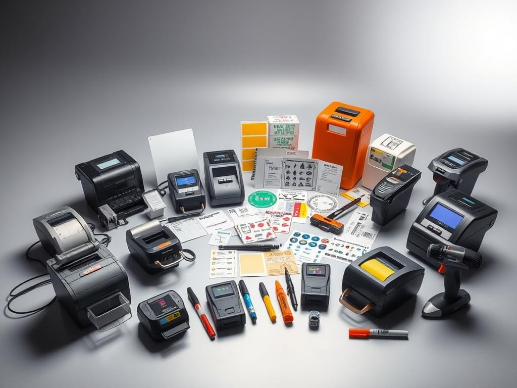 A versatile collection of industrial marking systems in a well-lit, high-angle studio setting. In the foreground, a range of handheld inkjet printers, label makers, and permanent markers sit on a sleek, reflective surface. The middle ground showcases a selection of printed labels, tags, and stencils in various shapes and materials. In the background, a gradient backdrop subtly hints at the diverse applications of these marking tools across industries like manufacturing, logistics, and healthcare. The lighting is crisp and directional, casting subtle shadows that accentuate the textures and details of the equipment. An atmosphere of precision, utility, and adaptability pervades the scene.