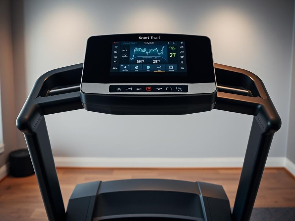 A well-lit, close-up image of an iFit smart treadmill, showcasing its key features. The treadmill is positioned centrally, with a sleek, high-definition touchscreen display dominating the foreground. The display presents a user-friendly interface, highlighting intuitive controls and real-time performance metrics. In the middle ground, various connectivity options and smart device integration are visible, emphasizing the treadmill's ability to sync with fitness apps and enable interactive workout experiences. The background subtly depicts a modern, minimalist home gym setting, creating a sense of an immersive, technology-driven fitness environment.