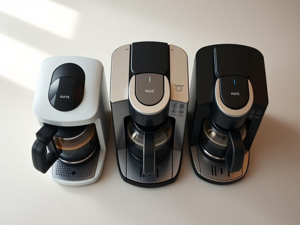 A well-lit, high-angle shot of three budget-friendly coffee makers arranged in a row, showcasing their sleek and compact designs. The machines are placed on a clean, neutral-toned surface, with a soft, diffused light illuminating their features. The image captures the subtle differences in shape, color, and control panels, allowing the viewer to easily compare the various options. The overall mood is one of simplicity, functionality, and practicality, highlighting the accessible and affordable nature of these smart coffee makers.