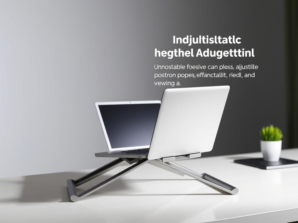 A well-lit, high-resolution image showcasing the ergonomic height adjustment features of a modern laptop stand. The stand is positioned in the foreground, with a sleek, minimalist design and a brushed metal finish. The height adjustment mechanism is prominently displayed, allowing the user to precisely control the stand's elevation. In the middle ground, the laptop is placed on the stand, highlighting how the adjustable height can enhance ergonomics and improve posture. The background is a clean, uncluttered workspace, emphasizing the stand's ability to elevate the laptop to an optimal viewing level.