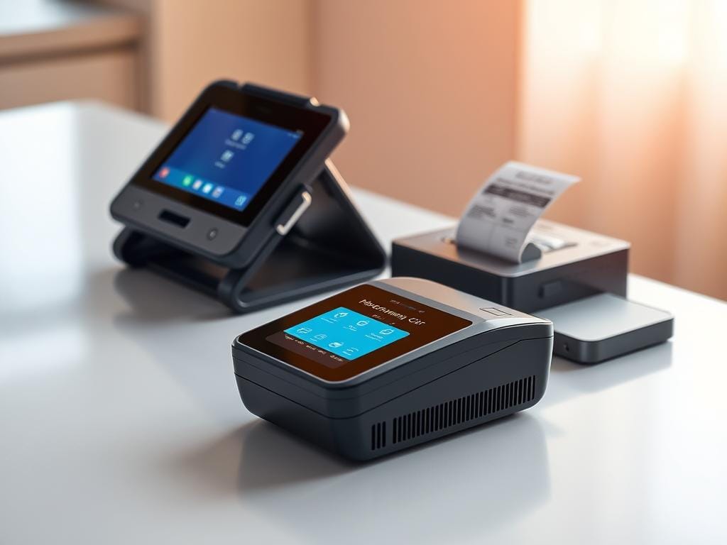 A well-lit, high-resolution photograph of an array of portable printing devices on a sleek, minimalist desk. In the foreground, a compact, wireless handheld inkjet printer with a vibrant touchscreen display. Behind it, a folding stand-alone printer with a built-in battery and document feeder. In the background, a small, portable thermal label printer with a clean, modern design. The devices are arranged harmoniously, showcasing their portability, versatility, and intuitive user interfaces. The lighting is warm and natural, highlighting the premium materials and striking aesthetics of these innovative printing solutions.