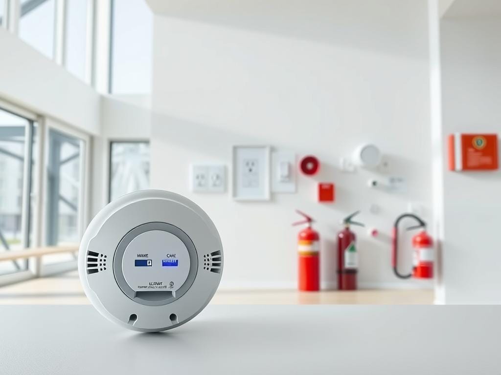 A well-lit, meticulously detailed image of home safety specifications. In the foreground, a sleek, modern smoke detector with advanced sensors and LED indicators. In the middle ground, an array of electrical outlets, light switches, and wall-mounted safety devices like carbon monoxide alarms and fire extinguishers. The background features a minimalist, clean-lined interior with large windows, ample natural lighting, and a neutral color palette. The overall scene conveys a sense of technological sophistication, safety, and domestic tranquility. The image is captured from a slightly elevated, angled perspective to showcase the interconnected nature of the home's safety systems.
