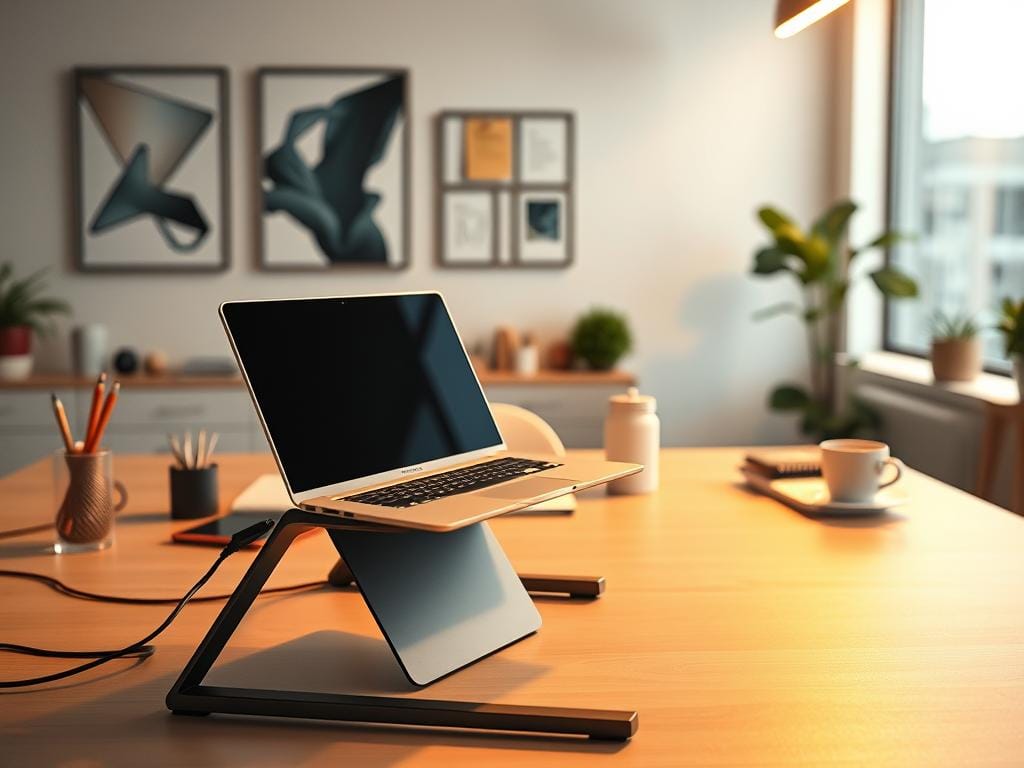 A well-organized workspace with a sleek laptop stand in the foreground, showcasing efficient cable management and ergonomic support. In the middle ground, various office supplies like a pen holder, sticky notes, and a cup of coffee add functional details. The background features a minimalist wall display with abstract art, creating a modern and productive ambiance. Warm, indirect lighting from a large window casts a soft glow, accentuating the clean lines and tidy layout. The entire scene conveys a sense of streamlined efficiency and an optimized work environment.