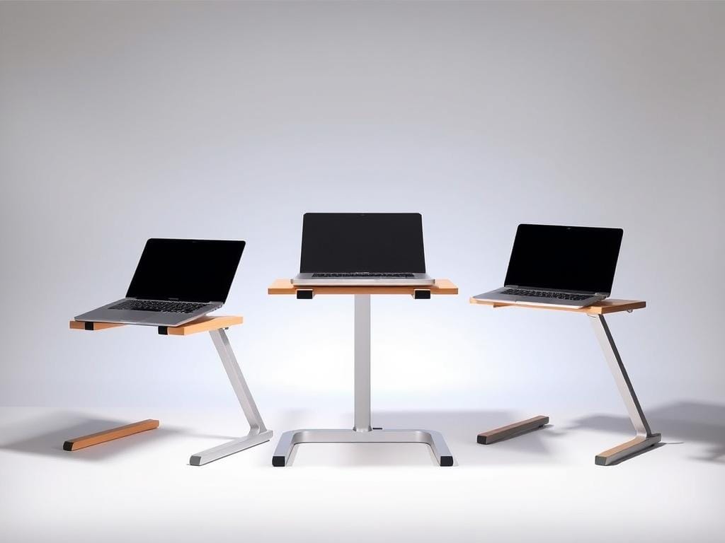 Adjustable height comparison models: A well-lit, studio-style shot showcasing three distinct laptop stands of varying heights, arranged in a visually appealing, symmetrical layout. The stands should be crafted from sleek, modern materials like aluminum or wood, with clean lines and an uncluttered design. Capture the height adjustment mechanisms in detail, emphasizing the ease of use and flexibility. The models should be presented against a neutral, softly-lit background that allows the products to be the focal point, highlighting their key features and functionality.