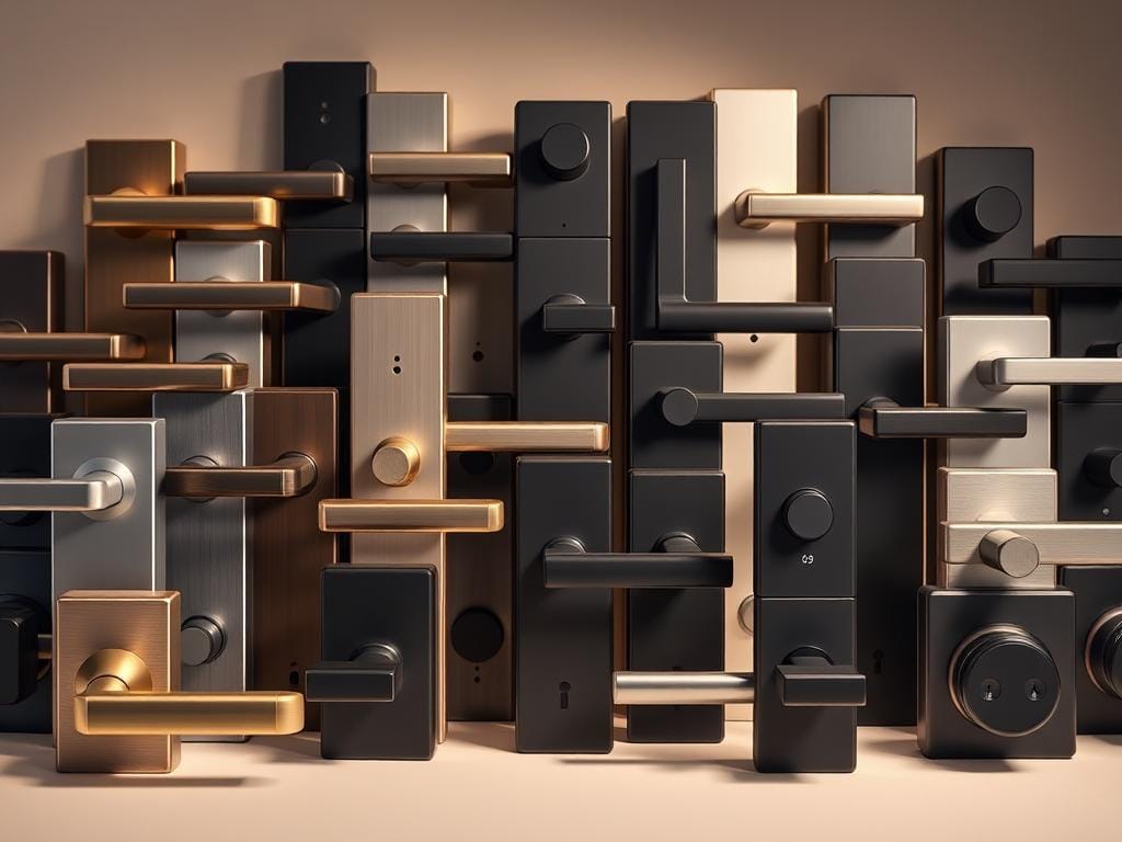 An elegant array of smart lock alternatives to traditional lever handles, showcased in a well-lit, high-quality product shot. A variety of modern, minimalist designs in brushed metal, matte black, and sleek finishes fill the frame, arranged in a visually striking composition. The handles are captured at a slight angle, accentuating their clean lines and subtle textures. Soft shadows and warm, directional lighting create depth and a sense of sophistication, highlighting the premium quality and innovative features of these lever-handle security solutions.
