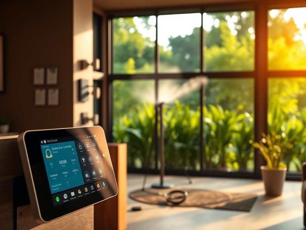 An interior scene of a modern smart home showcasing the integration of a home automation system with an advanced irrigation controller. In the foreground, a sleek touchscreen display presents a user interface for managing various home functions, including the irrigation system. In the middle ground, a network of smart home sensors and devices are visible, seamlessly connected and communicating. The background features lush, verdant greenery visible through large panoramic windows, hinting at the intelligent watering system in action. Warm, natural lighting filters in, creating a comfortable and inviting atmosphere. The scene conveys a sense of technological harmony, efficiency, and sustainable living.