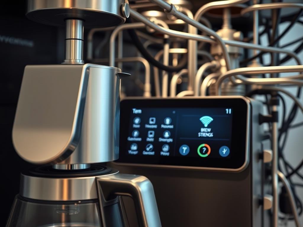 An intricate, interconnected network of a smart coffee maker's advanced features. In the foreground, a sleek, modern brew head and carafe, their stainless steel surfaces reflecting the soft, indirect lighting. In the middle ground, a touchscreen display showcasing temperature controls, brew strength settings, and WiFi connectivity icons. In the background, a web of streamlined tubing, valves, and sensors, meticulously designed to optimize the brewing process. The overall scene conveys a sense of technological sophistication and precision, hinting at the coffee maker's ability to elevate the morning ritual through intelligent automation.