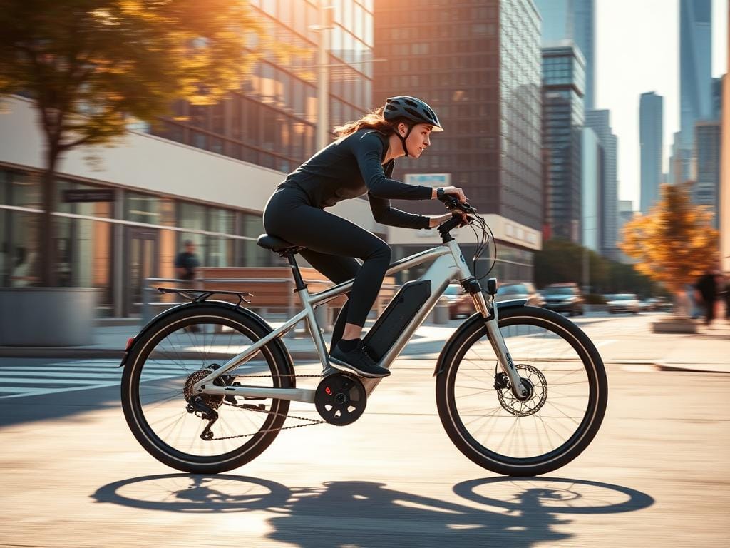 Prompt A dynamic electric bike effortlessly navigating the urban landscape, its sleek frame gliding through bustling city streets. The rider, clad in athletic gear, leans forward with determination, their body language exuding a sense of power and efficiency. The bike's electric motor hums with a subtle yet palpable energy, propelling the rider forward with ease. The scene is bathed in a warm, golden light, casting a vibrant glow on the surroundings and highlighting the bike's smooth, aerodynamic lines. In the background, the skyline of a modern metropolis rises, emphasizing the urban setting and the bike's role as a cutting-edge, eco-friendly mode of transportation.