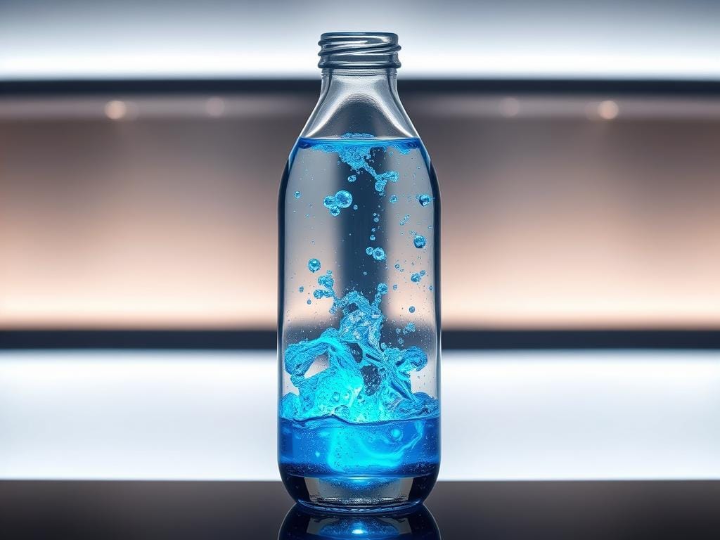 a detailed glass water bottle filled with water, glowing with an internal blue-white light, the liquid appearing to be infused with hydrogen bubbles, the bottle set against a sleek, minimalist backdrop with soft indirect lighting, the design elegant and modern, the focus on the unique hydrogen-rich water feature