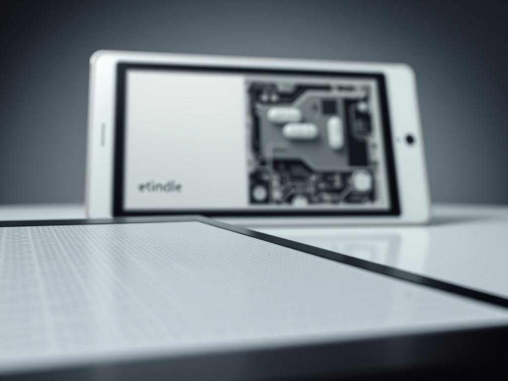 a detailed, photorealistic image of e-ink display technology, showcasing the intricate workings and unique characteristics of this display technology. The foreground should feature a closeup view of an e-ink display panel, revealing the individual pixels and the subtle, muted tones achieved through the unique e-ink layering process. The middle ground should depict the internal components and architecture of the display, highlighting the e-ink capsules, the driving circuitry, and the flexible, low-power nature of the technology. The background should present a sleek, minimalist product design, such as an e-reader or e-ink tablet, demonstrating how the e-ink display is seamlessly integrated into the device. The lighting should be soft and diffused, emphasizing the matte, paper-like quality of the e-ink display. The overall mood should be one of sophisticated technology and a distraction-free, comfortable reading experience.