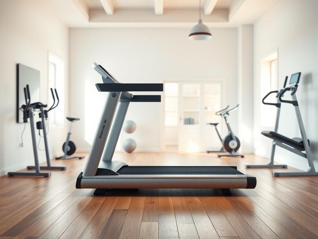 a high-quality, photorealistic image of a 4.25 chp motor treadmill in a well-lit, modern home gym setting. the treadmill is the focal point, prominently displayed in the center of the frame with a sleek, silver-grey finish. the surrounding area features a clean, minimalist design with wooden floors, white walls, and modern exercise equipment in the background. the lighting is bright and natural, creating a warm, inviting atmosphere. the camera angle is slightly elevated, providing a clear view of the treadmill's control panel and features. the image conveys a sense of high-performance, functionality, and the treadmill's role in elevating one's fitness journey.