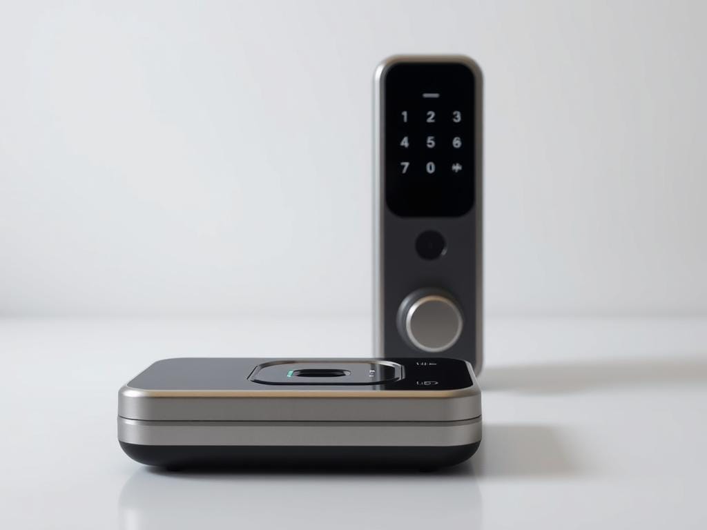 a highly detailed and photorealistic image of a sleek, modern fingerprint reader and connectivity features for a smart door lock. The device is shown in the foreground, resting on a clean, minimalist surface. The fingerprint sensor is prominently displayed, with its metallic trim and LED indicator lights. In the middle ground, various connectivity ports and buttons are visible, including a USB-C port, Bluetooth pairing button, and Wi-Fi status LED. The background depicts a plain, white wall, creating a clean, uncluttered setting that emphasizes the technological aspects of the smart lock. The lighting is soft and diffused, highlighting the textures and reflections of the metal and plastic components. The overall scene conveys a sense of advanced security and seamless smart home integration.